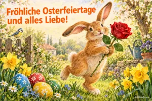 Hase hüpft mit einer roten Rose durch den Frühlingsgarten, Text: Fröhliche Osterfeiertage und alles Liebe!