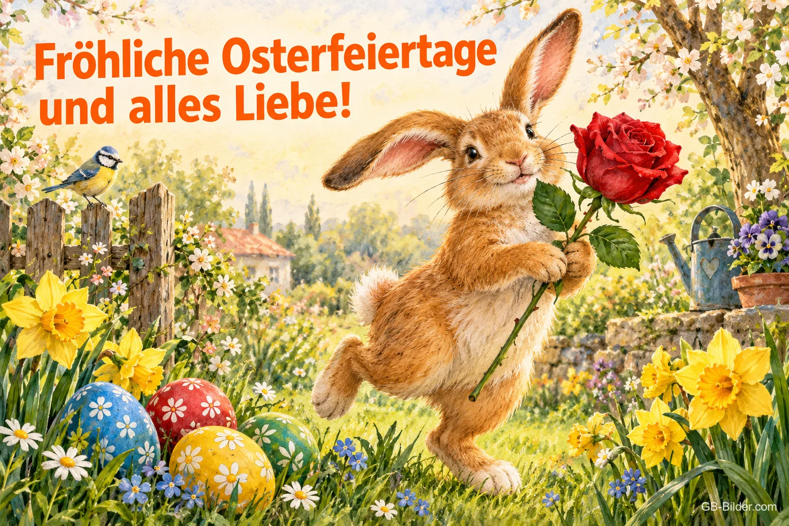 Hase hüpft mit einer roten Rose durch den Frühlingsgarten, Text: Fröhliche Osterfeiertage und alles Liebe!