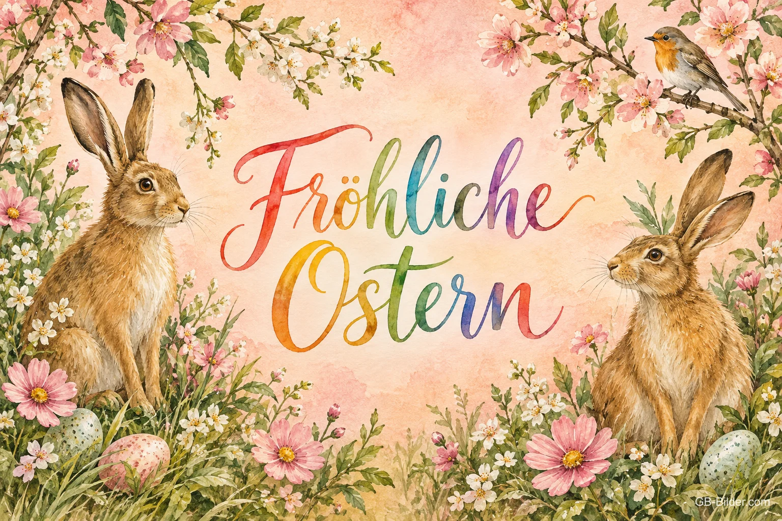 Zwei Hasen zwischen rosa Blüten und Ostereiern, Text: Fröhliche Ostern Zwei Hasen zwischen rosa Blüten und Ostereiern, Text: Fröhliche Ostern