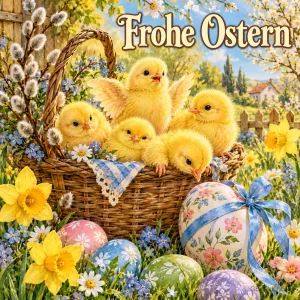 Viele Küken in einem Weidenkorb zwischen Ostereiern, Text: Frohe Ostern