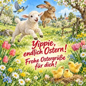 Lamm und Hase springen fröhlich über eine Frühlingswiese mit Küken, Text: Yippie, endlich Ostern! Frohe Ostergrüße für dich!
