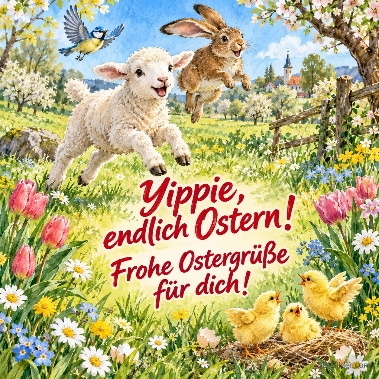 Lamm und Hase springen fröhlich über eine Frühlingswiese mit Küken, Text: Yippie, endlich Ostern! Frohe Ostergrüße für dich!