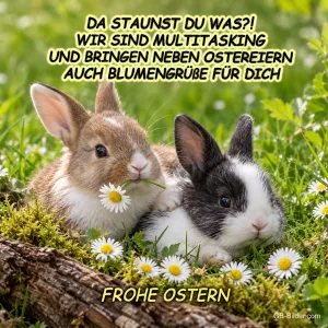 Zwei Kaninchen mit Gänseblümchen im Maul auf einer Wiese, Text: DA STAUNST DU WAS?! WIR SIND MULTITASKING UND BRINGEN NEBEN OSTEREIERN AUCH BLUMENGRÜßE FÜR DICH – FROHE OSTERN