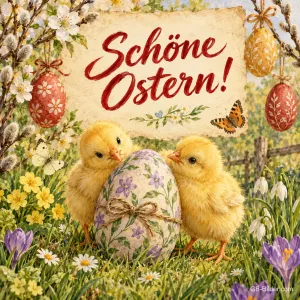 Zwei Küken neben einem bemalten Osterei auf der Frühlingswiese, Text: Schöne Ostern!