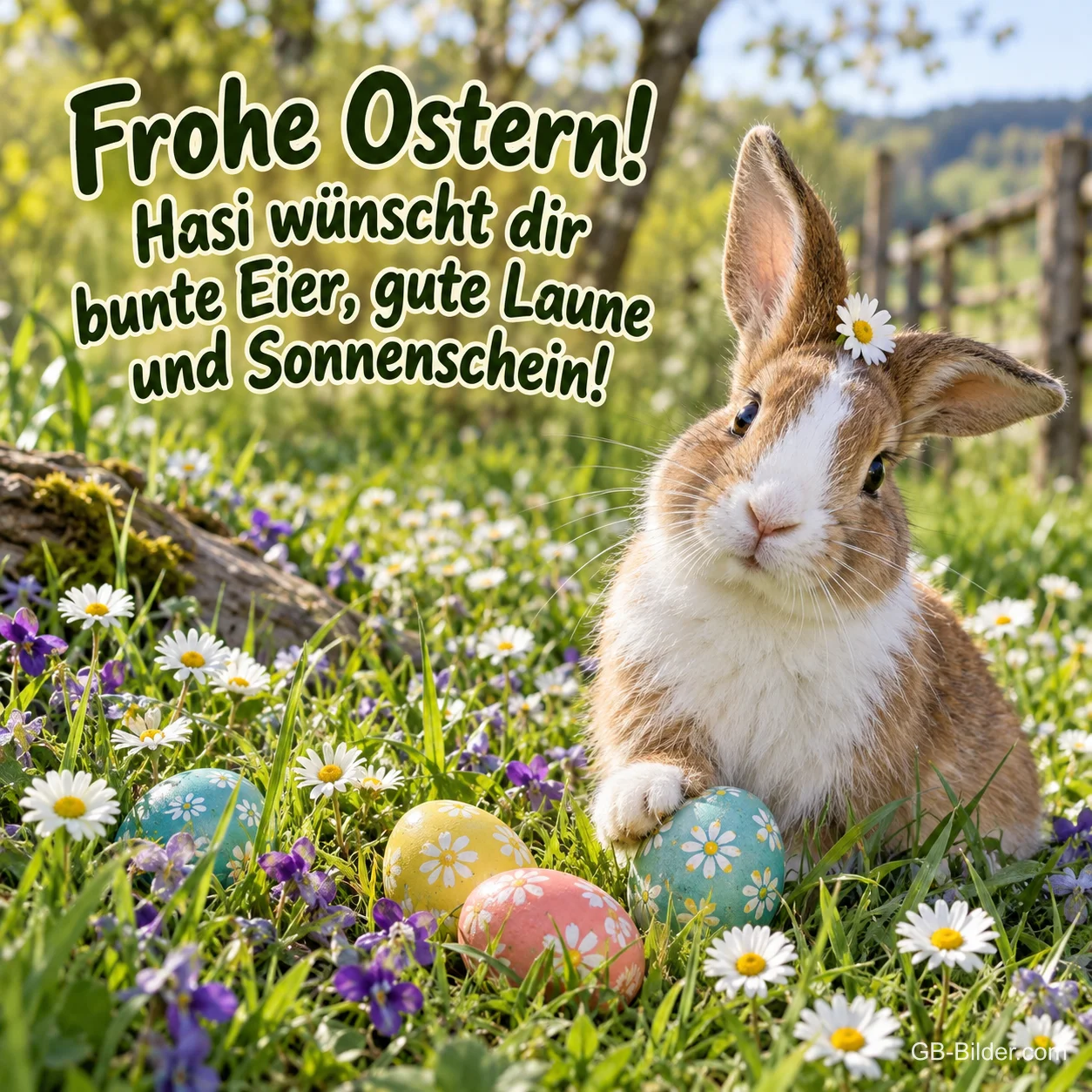 Hase mit Blume am Ohr zwischen Ostereiern auf der Wiese, Text: Frohe Ostern! Hasi wünscht dir bunte Eier, gute Laune und Sonnenschein!