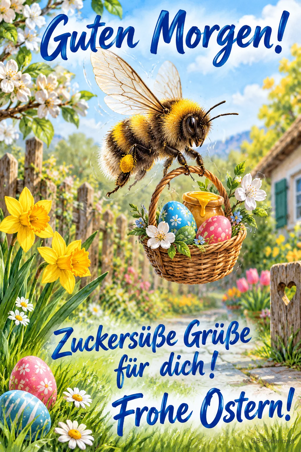 Hummel trägt einen kleinen Korb mit Ostereiern durch den Garten, Text: Guten Morgen! Zuckersüße Grüße für dich! Frohe Ostern!