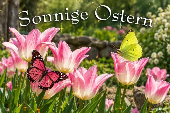 Rosa Tulpen mit Schmetterlingen, Text: Sonnige Ostern