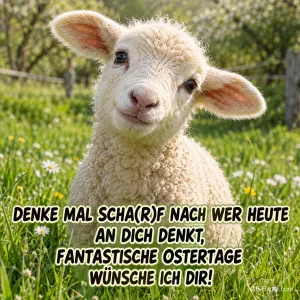 Lamm steht auf einer Frühlingswiese, Text: DENKE MAL SCHA(R)F NACH WER HEUTE AN DICH DENKT, FANTASTISCHE OSTERTAGE WÜNSCHE ICH DIR!