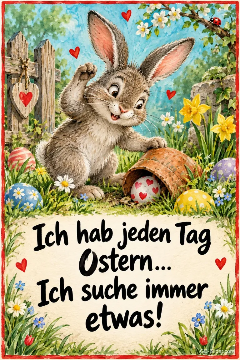 Hase sucht grinsend unter einem Blumentopf nach Ostereiern, Text: Ich hab jeden Tag Ostern… Ich suche immer etwas!