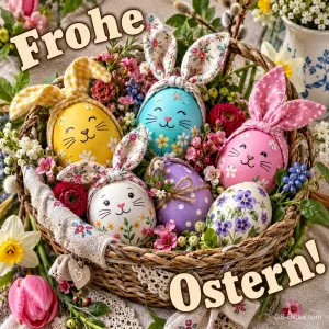 Korb mit bunten Eiern mit Stoffhasenohren, Text: Frohe Ostern!