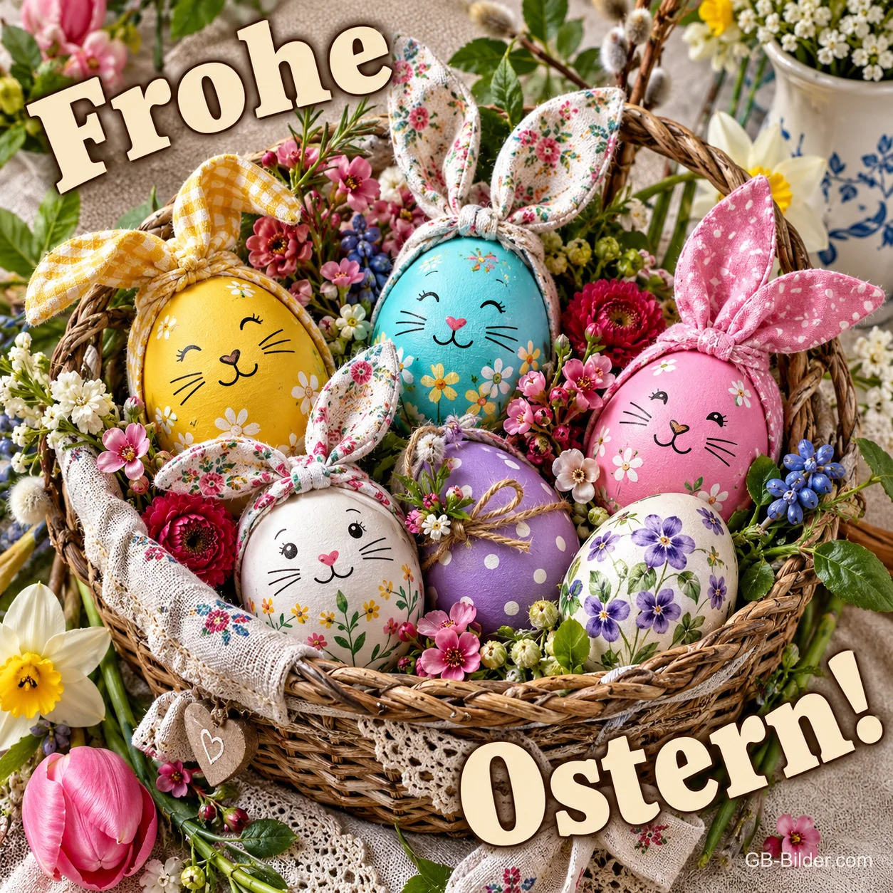 Korb mit bunten Eiern mit Stoffhasenohren, Text: Frohe Ostern!