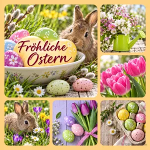 Collage mit Hasen, Ostereiern und Tulpen, Text: Fröhliche Ostern