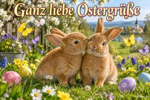 Zwei Hasen geben sich ein Küsschen auf der Frühlingswiese, Text: Ganz liebe Ostergrüße
