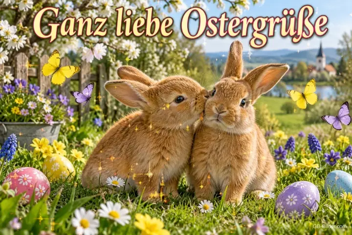 Zwei Hasen geben sich ein Küsschen auf der Frühlingswiese, Text: Ganz liebe Ostergrüße