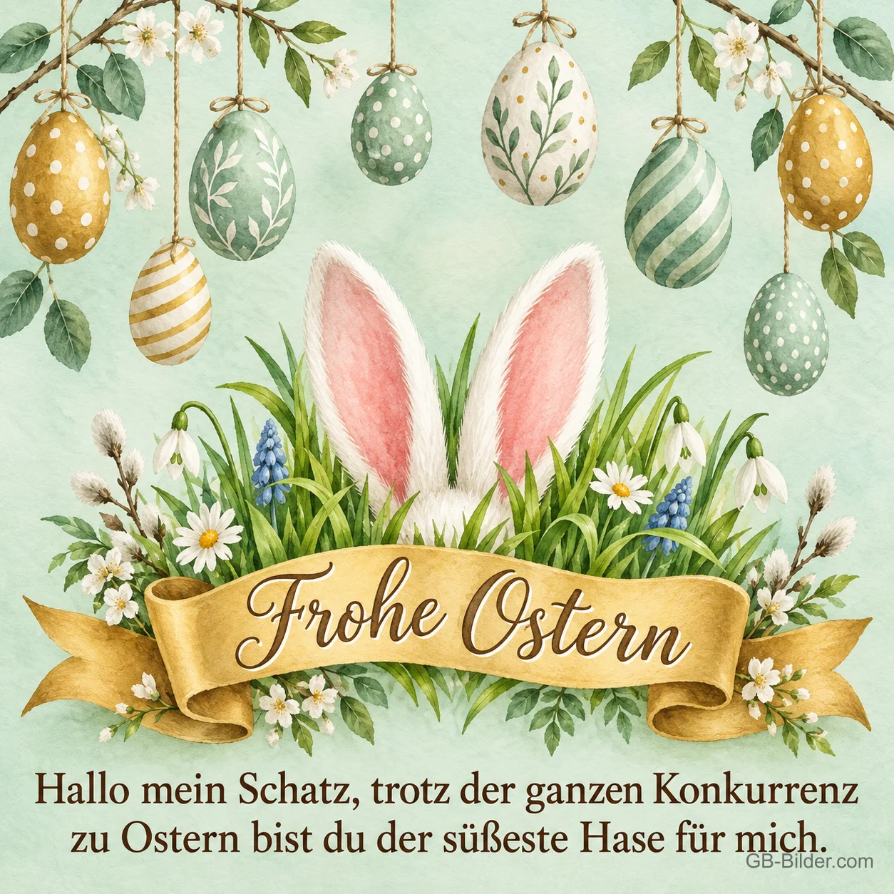 Hasenohren im Gras unter hängenden Ostereiern, Text: Frohe Ostern – Hallo mein Schatz, trotz der ganzen Konkurrenz zu Ostern bist du der süßeste Hase für mich.
