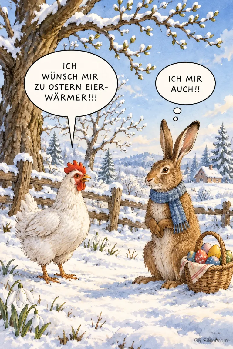 Huhn und Hase im Schnee, lustiger Osterspruch, Text: Ich wünsch mir zu Ostern Eierwärmer