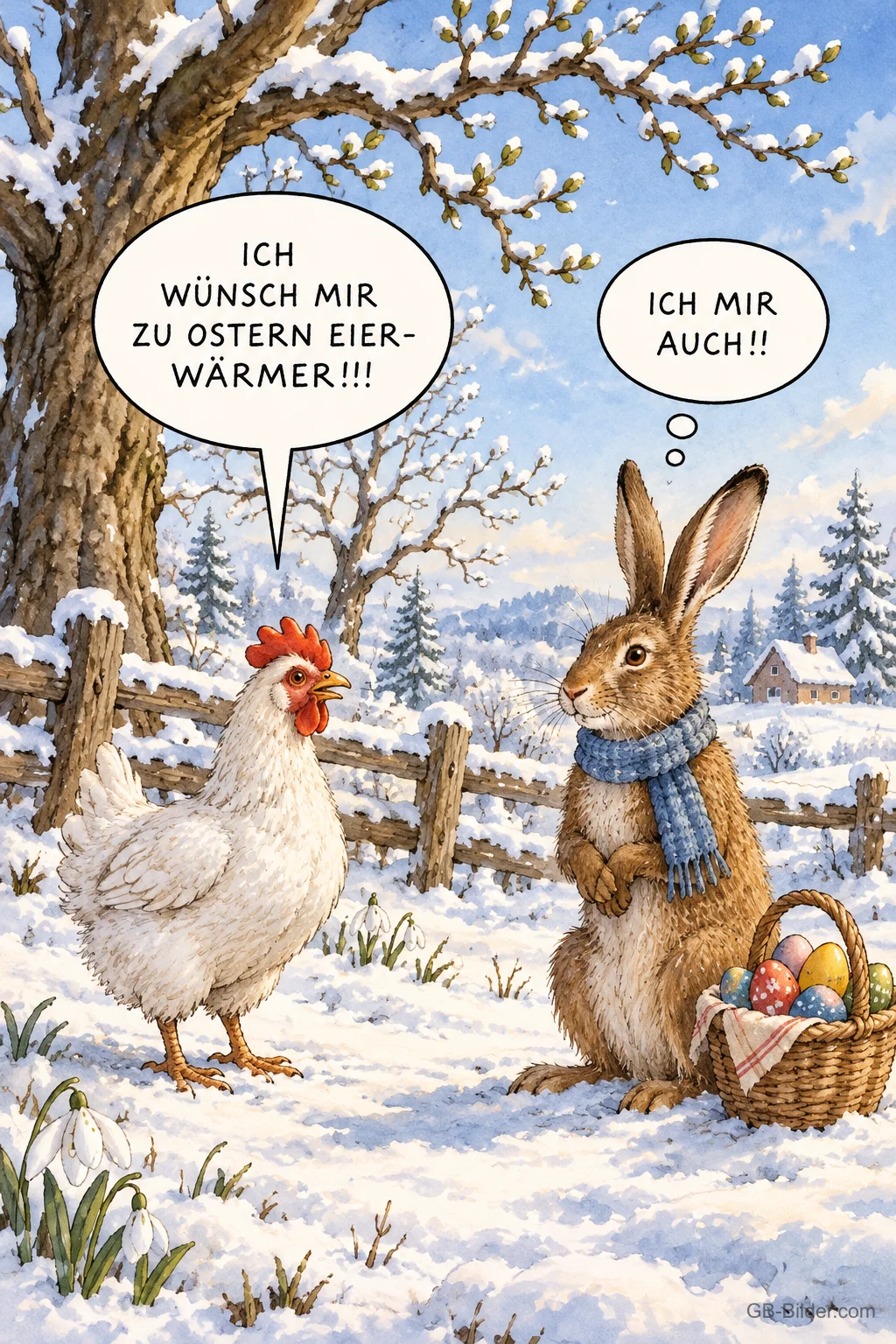 Huhn und Hase im Schnee, lustiger Osterspruch, Text: Ich wünsch mir zu Ostern Eierwärmer Huhn und Hase im Schnee, lustiger Osterspruch, Text: Ich wünsch mir zu Ostern Eierwärmer
