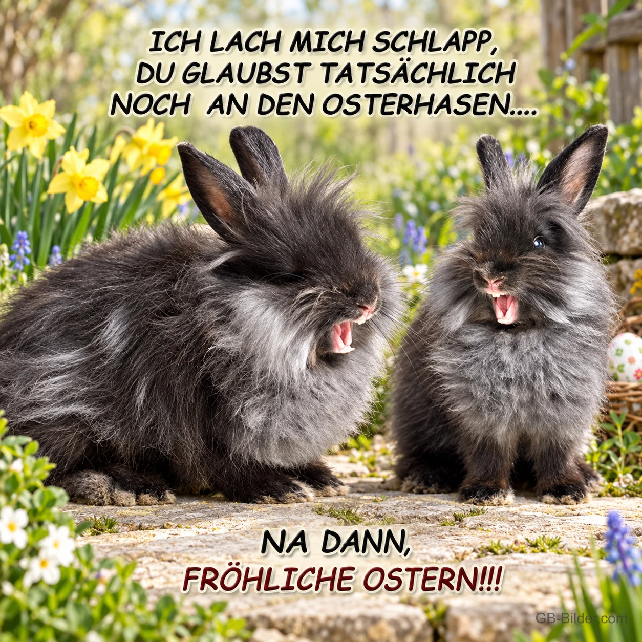 Lachende Kaninchen, lustiger Osterspruch, Text: ICH LACH MICH SCHLAPP, DU GLAUBST TATSÄCHLICH NOCH AN DEN OSTERHASEN Lachende Kaninchen, lustiger Osterspruch, Text: ICH LACH MICH SCHLAPP, DU GLAUBST TATSÄCHLICH NOCH AN DEN OSTERHASEN