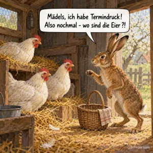 Hase und Hühner im Stall, lustiger Osterspruch, Text: Mädels, ich habe Termindruck