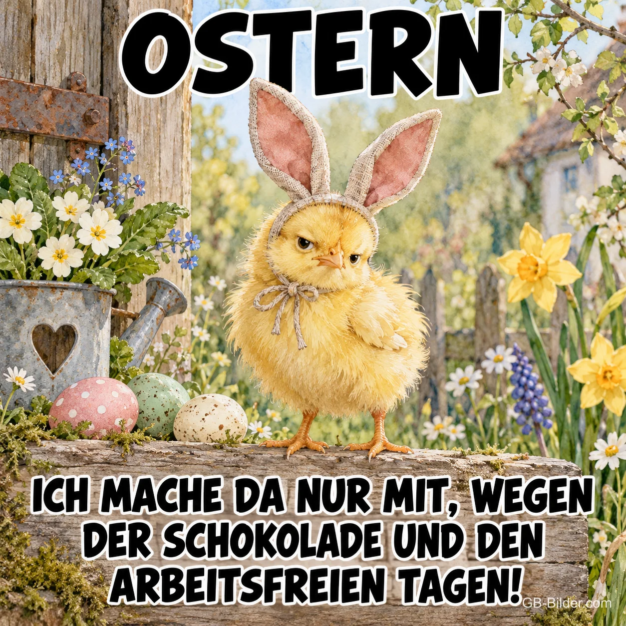Grimmiges Küken mit Hasenohren, Text: Ostern Grimmiges Küken mit Hasenohren, Text: Ostern