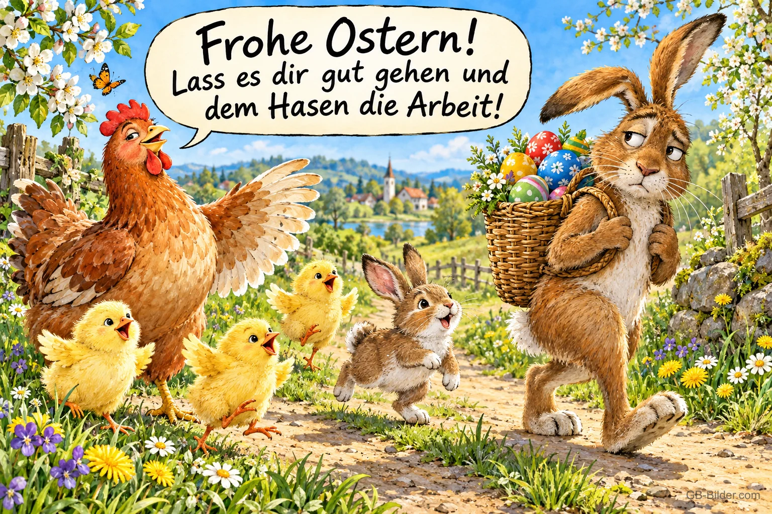 Henne mit Küken spricht mit einem Hasen, der einen Eierkorb trägt, Text: Frohe Ostern! Lass es dir gut gehen und dem Hasen die Arbeit!