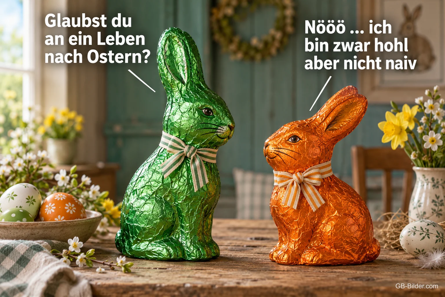 Grüner und oranger Schokoladenhase mit Schleifen und Sprechblasen auf einem Tisch, Text: Glaubst du an ein Leben nach Ostern? – Nööö … ich bin zwar hohl, aber nicht naiv