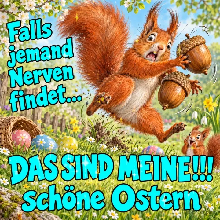Eichhörnchen umklammert empört zwei Eicheln zwischen Ostereiern, Text: Falls jemand Nerven findet... DAS SIND MEINE!!! schöne Ostern Eichhörnchen umklammert empört zwei Eicheln zwischen Ostereiern, Text: Falls jemand Nerven findet... DAS SIND MEINE!!! schöne Ostern
