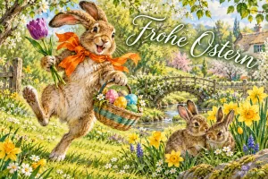 Hase mit Schleife hüpft mit Eierkorb und Tulpen über eine Frühlingswiese, Text: Frohe Ostern
