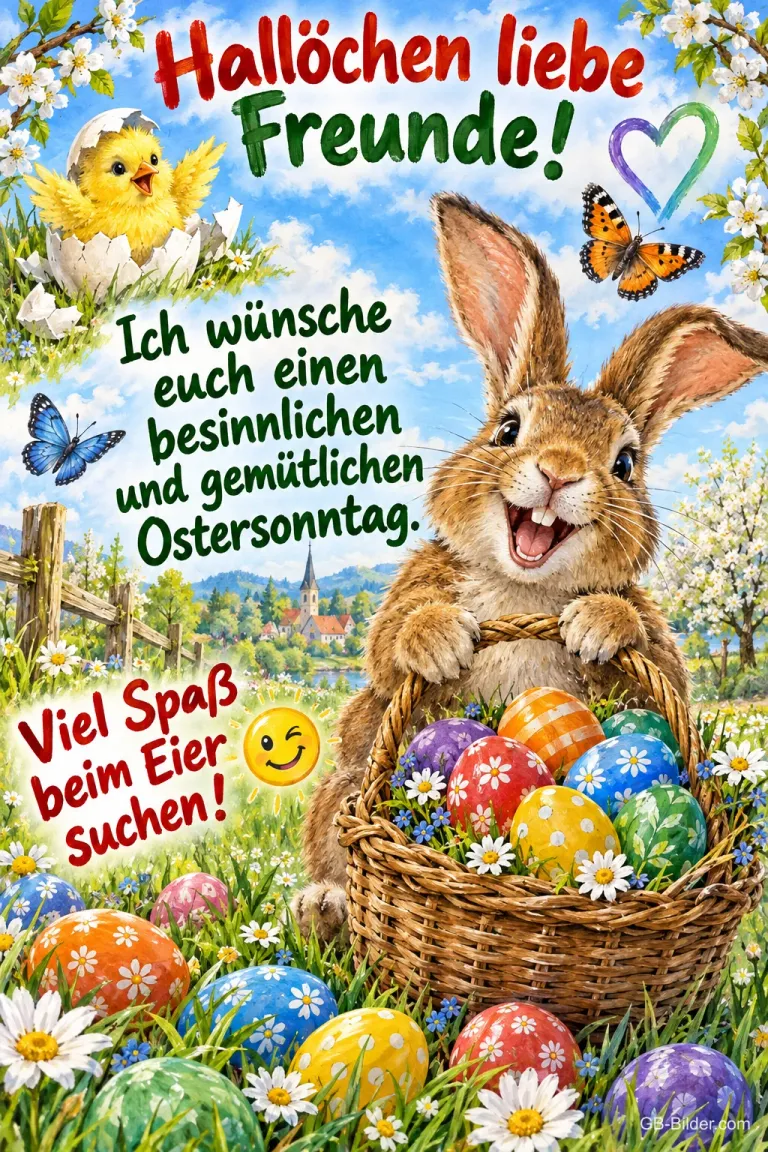 Lachender Hase hinter einem Eierkorb, darüber ein schlüpfendes Küken, Text: Hallöchen liebe Freunde! Ich wünsche euch einen besinnlichen und gemütlichen Ostersonntag. Viel Spaß beim Eier suchen!