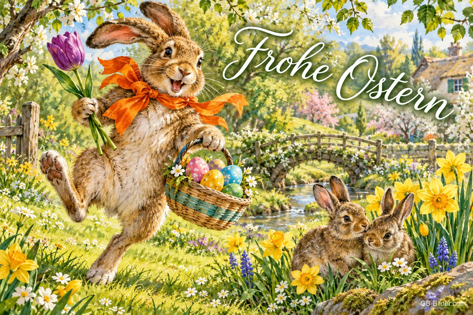 Hase mit Schleife hüpft mit Eierkorb und Tulpen über eine Frühlingswiese, Text: Frohe Ostern Hase mit Schleife hüpft mit Eierkorb und Tulpen über eine Frühlingswiese, Text: Frohe Ostern