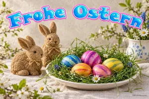 Zwei Strohhasen neben einer Schale mit bunten Ostereiern, Text: Frohe Ostern