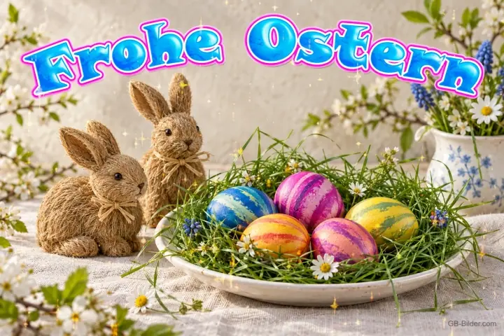 Zwei Strohhasen neben einer Schale mit bunten Ostereiern, Text: Frohe Ostern Zwei Strohhasen neben einer Schale mit bunten Ostereiern, Text: Frohe Ostern