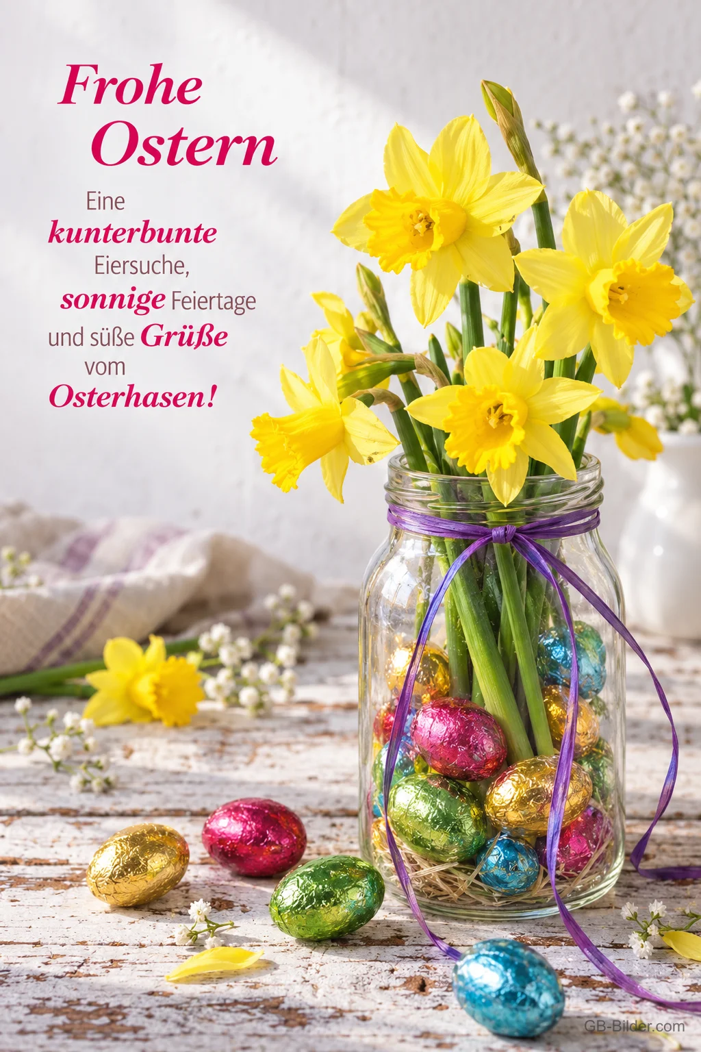 Osterglocken in einem Glas mit Schokoladeneiern, Text: Frohe Ostern – Eine kunterbunte Eiersuche, sonnige Feiertage und süße Grüße vom Osterhasen! Osterglocken in einem Glas mit Schokoladeneiern, Text: Frohe Ostern – Eine kunterbunte Eiersuche, sonnige Feiertage und süße Grüße vom Osterhasen!