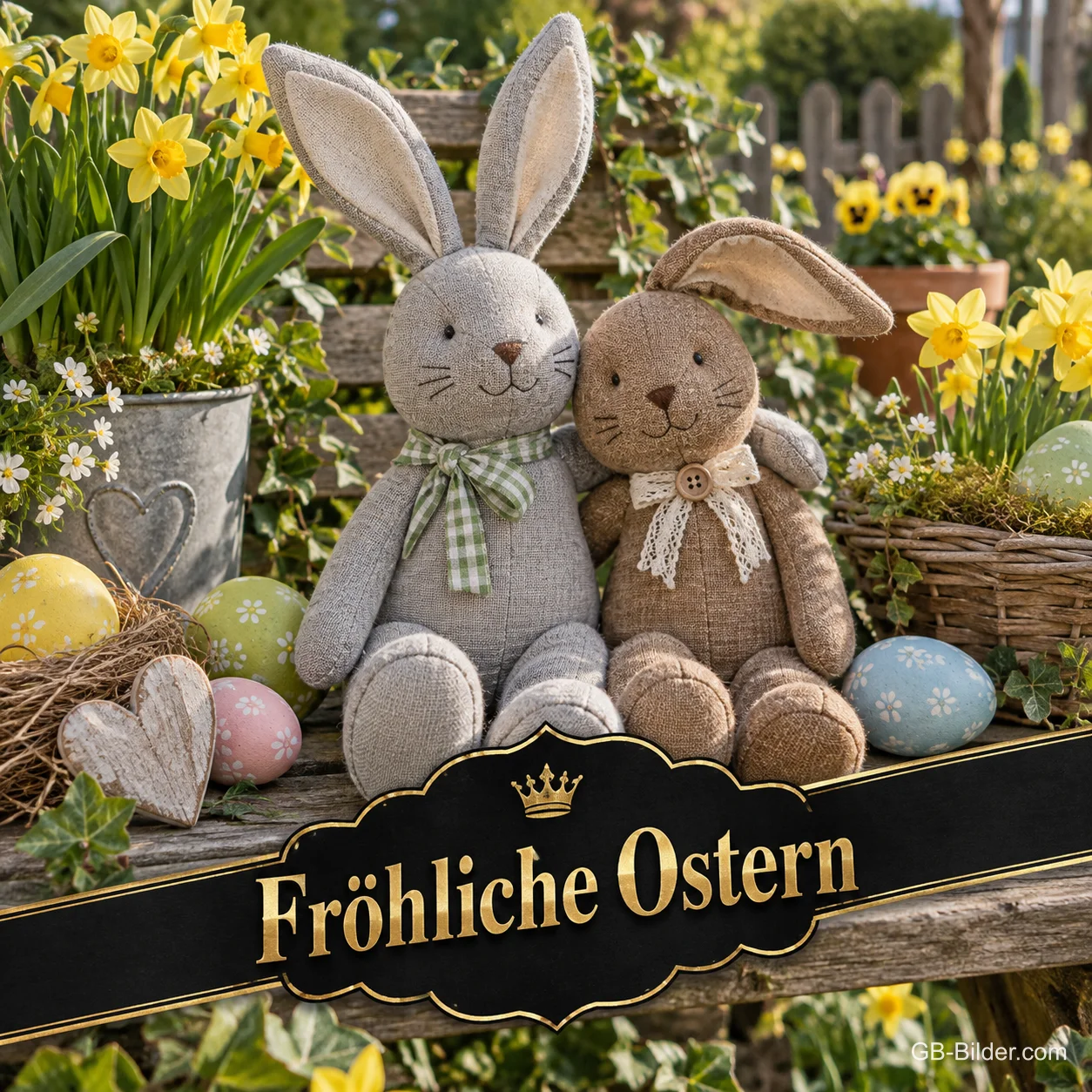 Stoffhasen mit Ostereiern, Text: Fröhliche Ostern