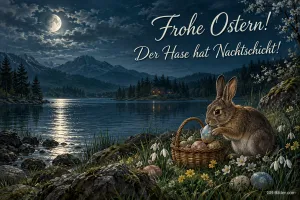 Hase mit Eierkorb am Seeufer unter dem Vollmond, Text: Frohe Ostern! Der Hase hat Nachtschicht!