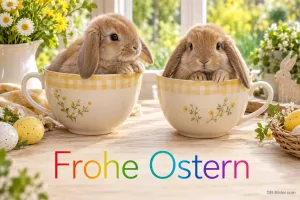Zwei Kaninchen in Porzellantassen, Text: Frohe Ostern