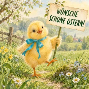 Küken mit Osterschild, Text: Wünsche schöne Ostern