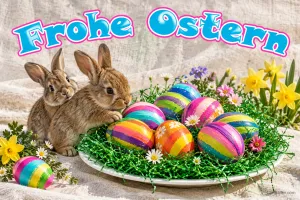 Zwei Hasen neben einem Teller mit gestreiften Ostereiern im Gras, Text: Frohe Ostern