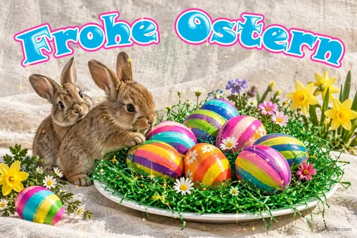 Zwei Hasen neben einem Teller mit gestreiften Ostereiern im Gras, Text: Frohe Ostern