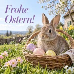 Hase im Korb mit Ostereiern, Text: Frohe Ostern!