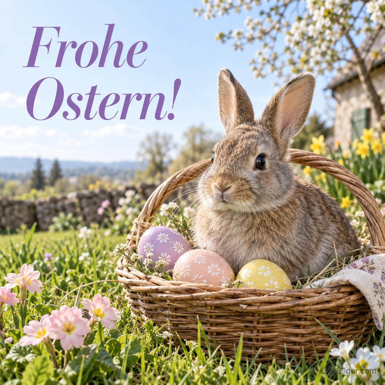 Hase im Korb mit Ostereiern, Text: Frohe Ostern! Hase im Korb mit Ostereiern, Text: Frohe Ostern!
