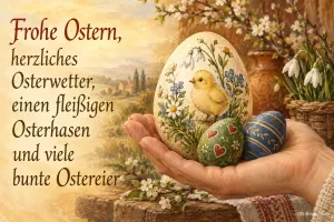 Hand mit bemalten Ostereiern, Text: Frohe Ostern, herzliches Osterwetter, einen fleißigen Osterhasen und v