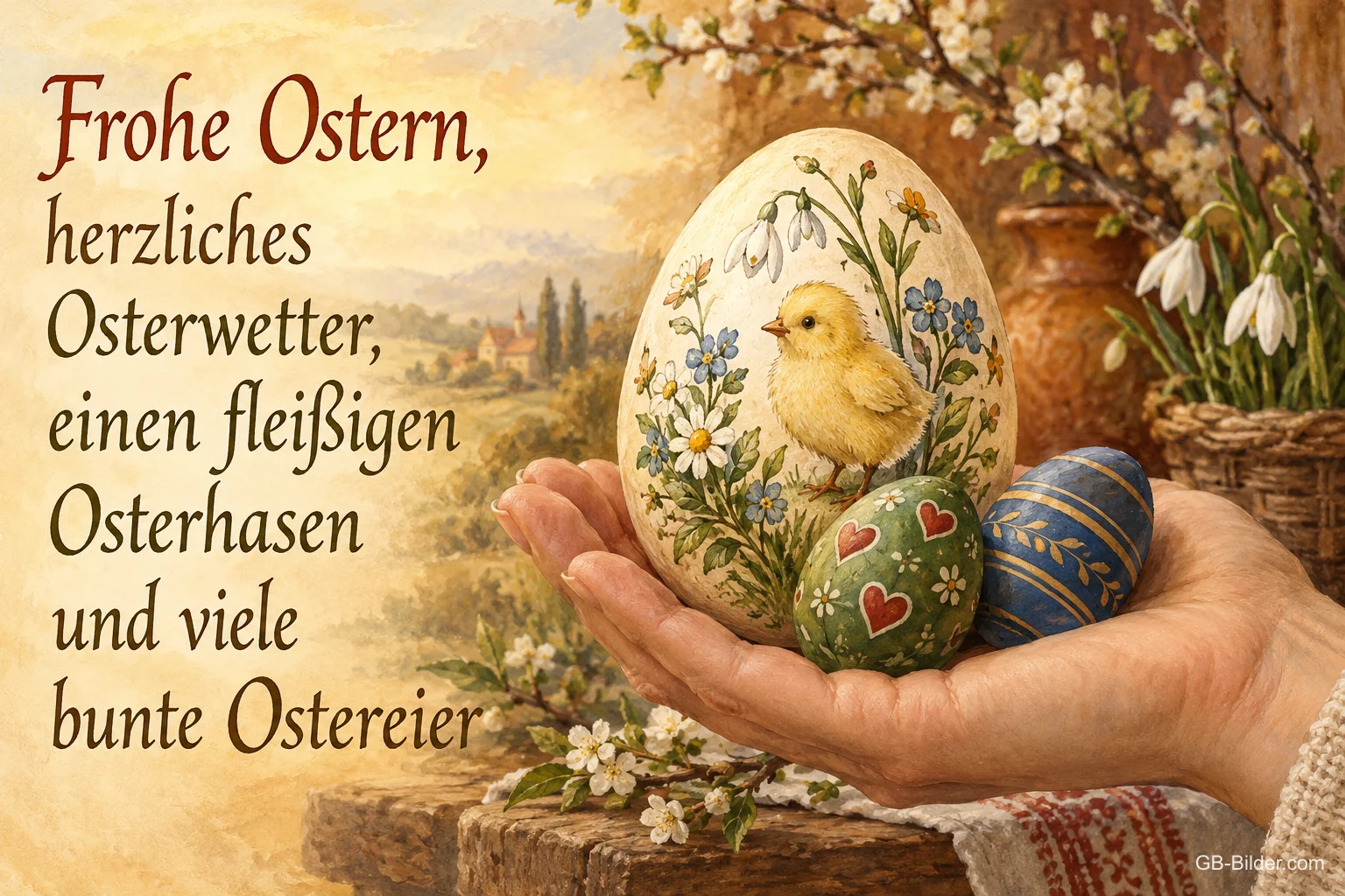 Hand mit bemalten Ostereiern, Text: Frohe Ostern, herzliches Osterwetter, einen fleißigen Osterhasen und v Hand mit bemalten Ostereiern, Text: Frohe Ostern, herzliches Osterwetter, einen fleißigen Osterhasen und v