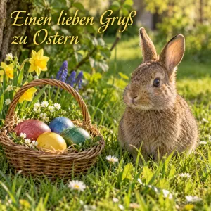 Hase neben einem Korb mit bunten Ostereiern im Gras, Text: Einen lieben Gruß zu Ostern