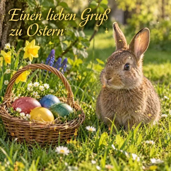 Hase neben einem Korb mit bunten Ostereiern im Gras, Text: Einen lieben Gruß zu Ostern Hase neben einem Korb mit bunten Ostereiern im Gras, Text: Einen lieben Gruß zu Ostern