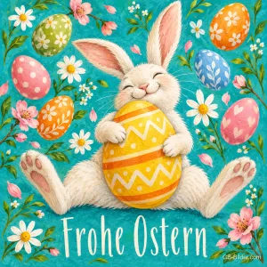 Weißer Hase umarmt lächelnd ein bemaltes Osterei, Text: Frohe Ostern
