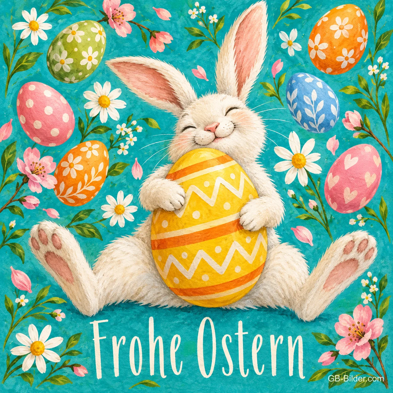 Weißer Hase umarmt lächelnd ein bemaltes Osterei, Text: Frohe Ostern