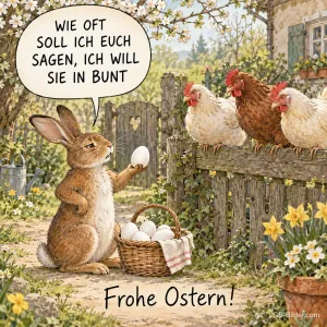 Hase und Hühner, lustiger Osterspruch, Text: WIE OFT SOLL ICH EUCH SAGEN, ICH WILL SIE IN BUNT