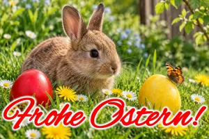 Hase zwischen rotem und gelbem Osterei auf der Wiese, Text: Frohe Ostern!