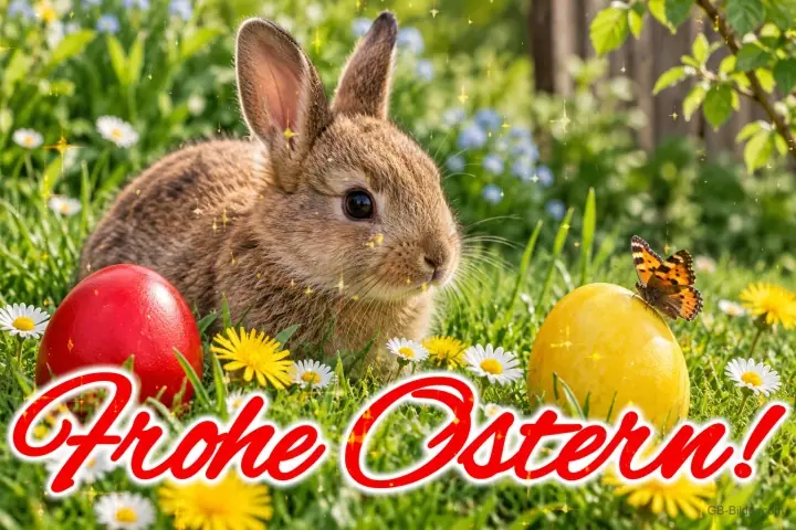 Hase zwischen rotem und gelbem Osterei auf der Wiese, Text: Frohe Ostern! Hase zwischen rotem und gelbem Osterei auf der Wiese, Text: Frohe Ostern!